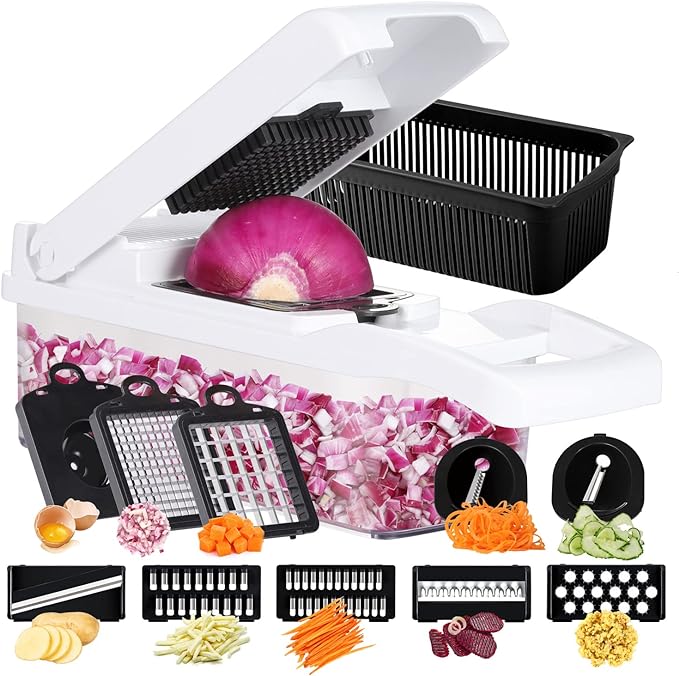 Ourokhome Vegetable Chopper Onion Cutter, 14 in 1 Professional Mandoline Slicer for Kitchen, Multifunctional Food Chopper for Potato, Tomato, Veggie with Strainer Basket, 10 Blades, Black