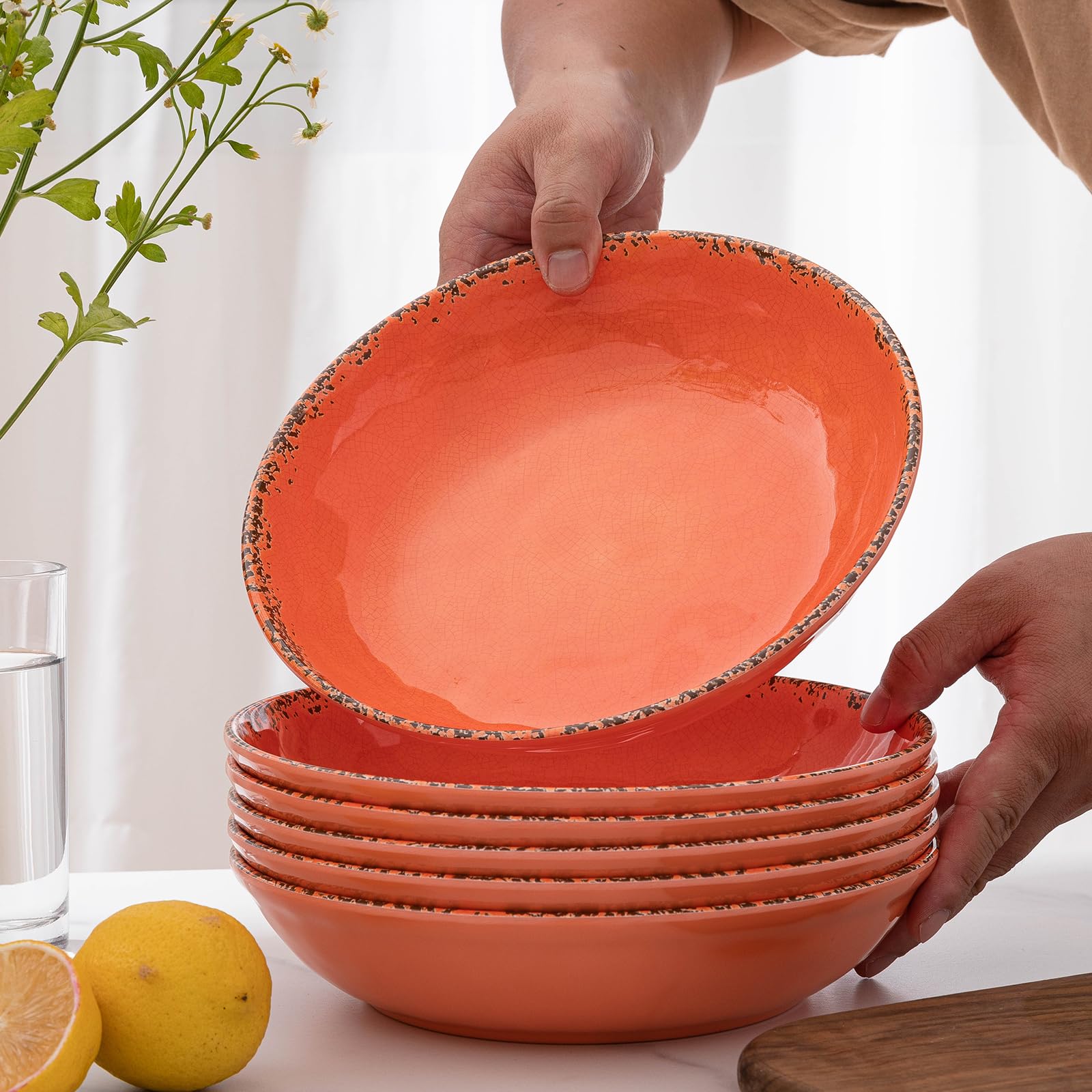 ZAROCRUS Farmhouse Melamine Pasta Bowls set, 42 OZ Large Fruit Bowl, Lightweight and Unbreakable Salad Serving Bowl, Set of 6, 9.25 inch Wide and Shallow Dinner Bowls, Dishwasher Safe,Orange…