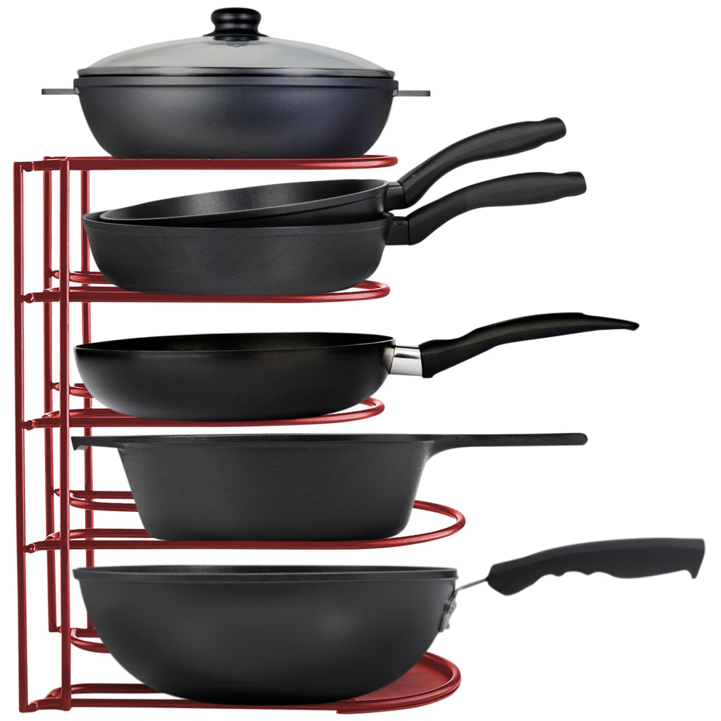 Extreme Matters Heavy-Duty Pots and Pans Organizer | 5-Tier Cookware & Lid Storage Rack | Free-Standing or Wall-Mount | Kitchen Organizer for Cast Iron Skillets, Pots, Frying Pans, Lids | Red