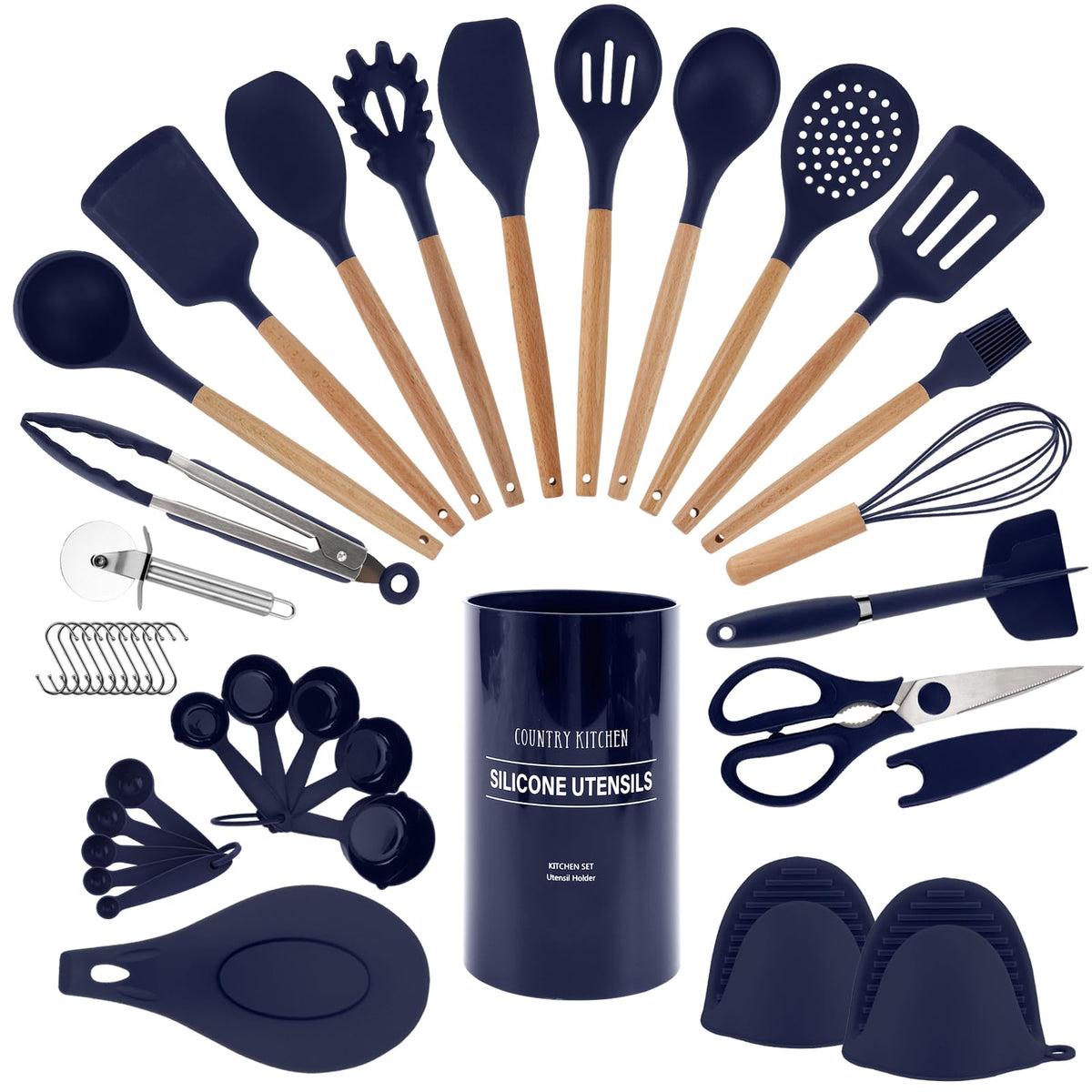 Country Kitchen Non Stick Silicone Utensil Set with Rounded Wood Handles for Cooking and Baking, 6 Piece Set, Black