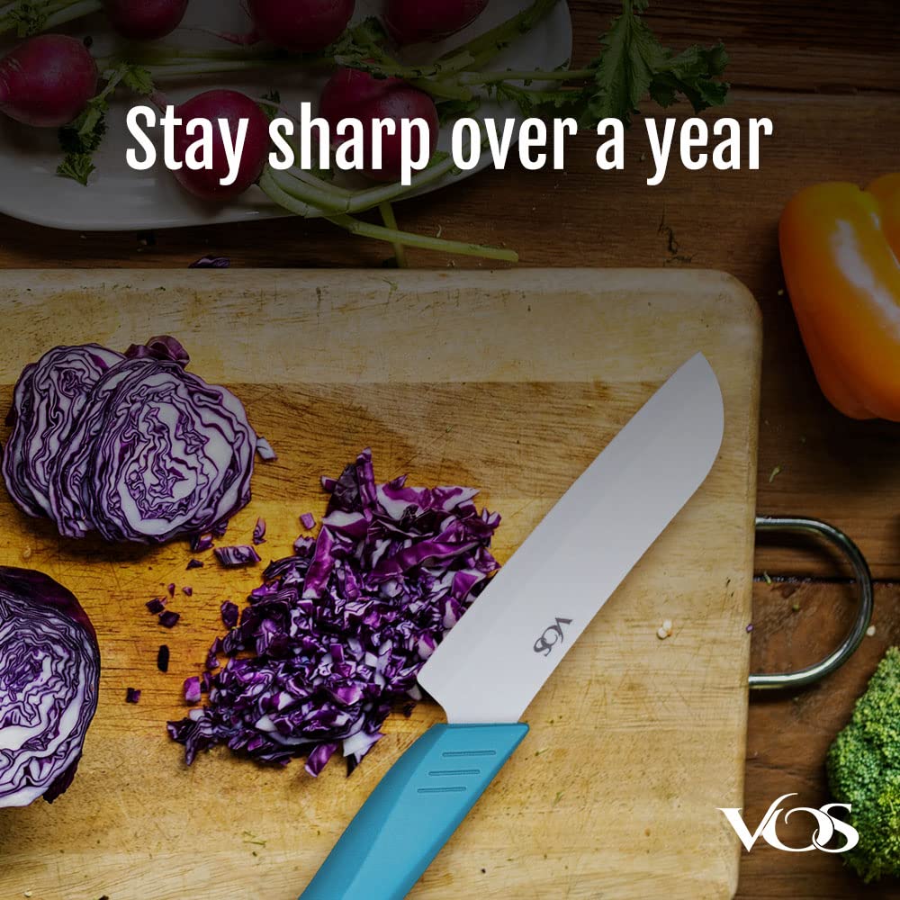 Vos Ceramic Knife Set in Elegant Gift Box, Ceramic Knives Set For Kitchen, Ultra Sharp Kitchen Knife Set with Covers, 4" 5" 6" Paring, Santoku & Chef Knife, Lightweight, Dishwasher safe (Multi-Color)