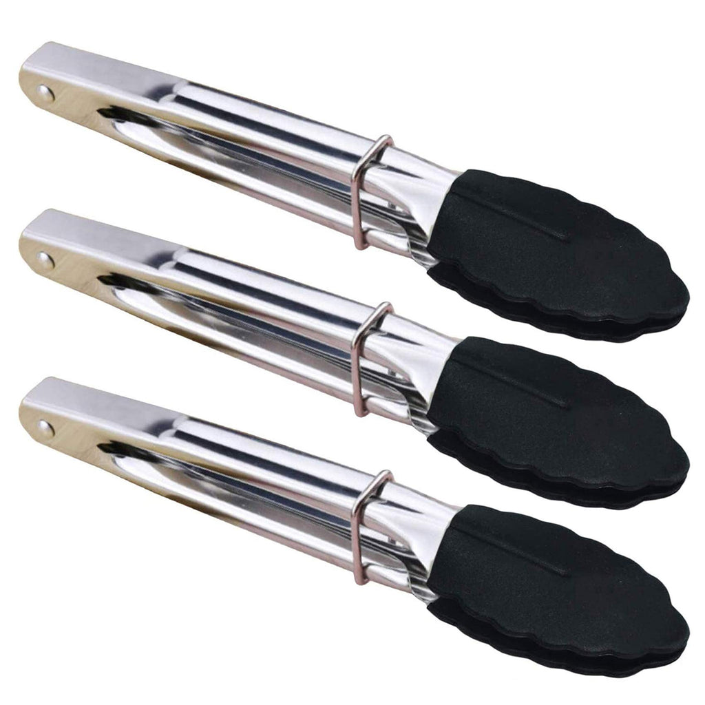 HINMAY Mini Tongs with Silicone Tips 7-Inch Kitchen Tongs, Set of 3 (Black)