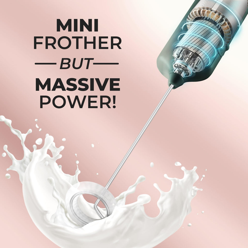 Mini & Mighty Milk Frother Wand – Powerful Handheld Coffee Frother, Battery Operated Drink Mixer – Compact Pocket Size – Detachable Whisk for Latte, Cappuccino, Matcha, Hot Chocolate