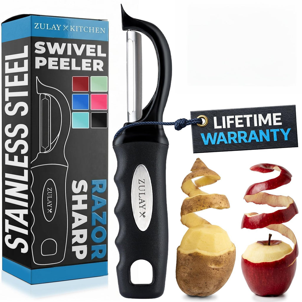 Zulay Kitchen Premium Vegetable Peeler for Kitchen - Swivel Peeler with Razor Sharp Stainless Steel Blades & Strong Ergonomic Handle - Dishwasher Safe, Easy To Use with Blemish Remover - Black