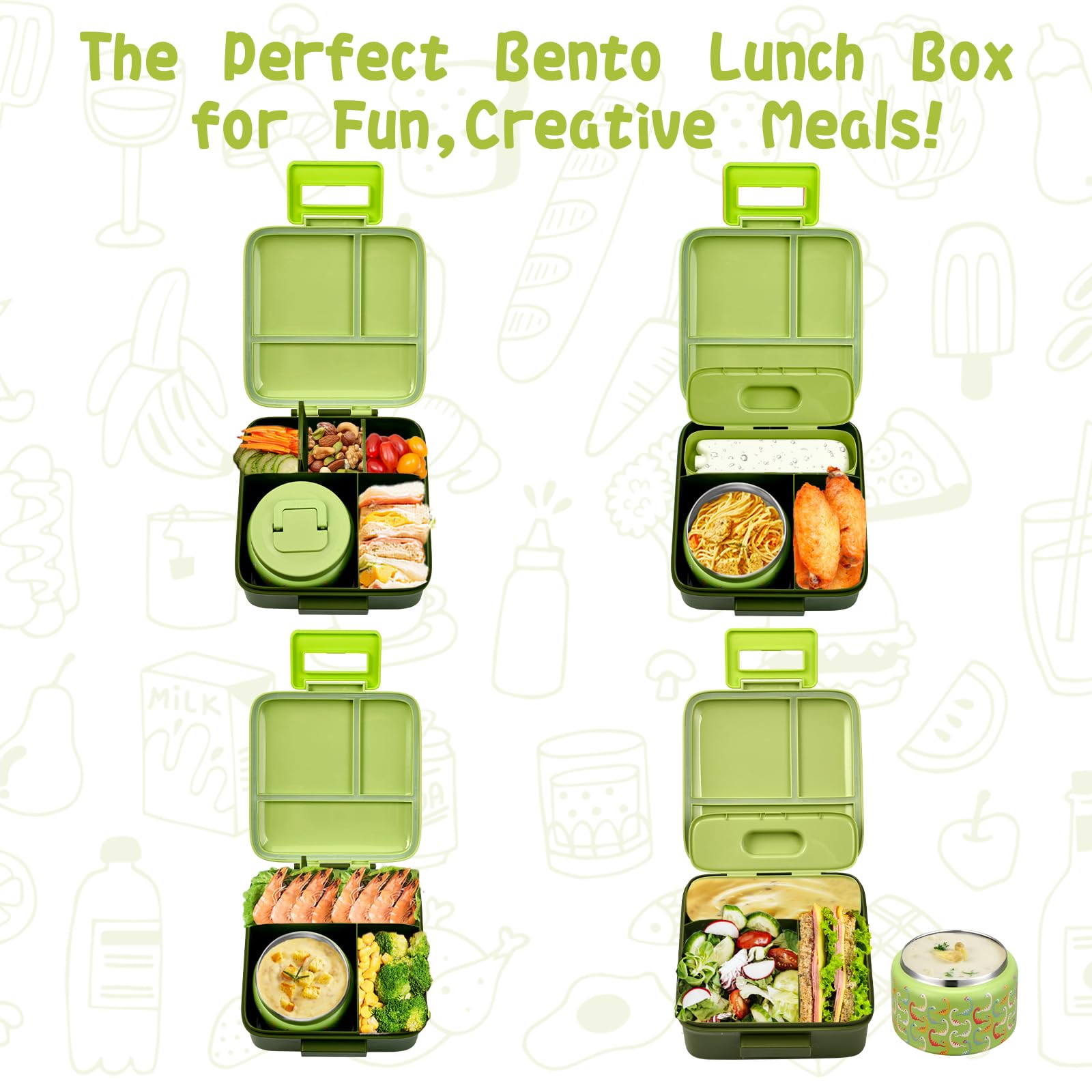 JXXM Bento Lunch Box for Kids with 8oz Soup Thermo,Leak-Proof Lunch Containers with 5 Compartment,Thermo Food Jar Food Containers for School (Green-Colorful Dinosaur)
