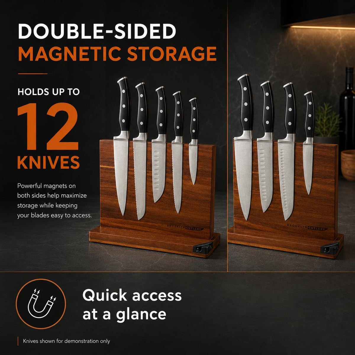 BROOKLYN CUTLERY Magnetic Knife Block, Acacia Wood Magnetic Knife Holder for Kitchen Counter Universal Knife Block Without Knives (12 x 10 With Sharpener)