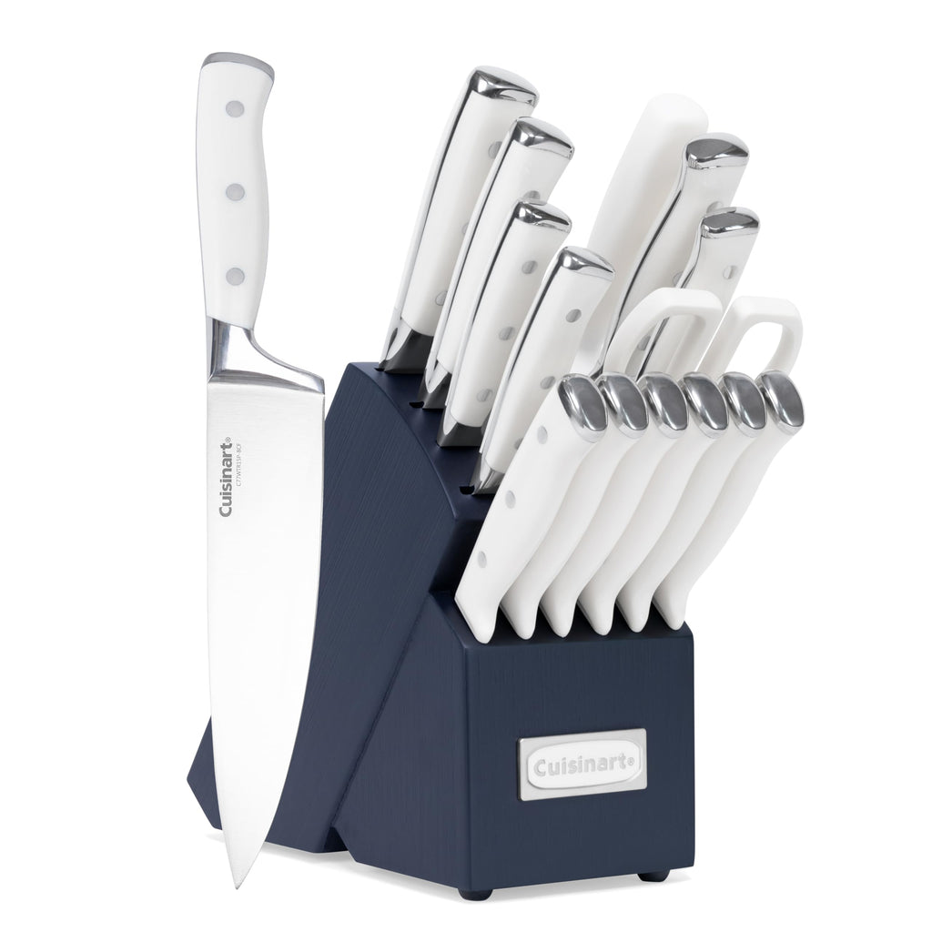 Cuisinart 15-Piece Knife Set with Block, High Carbon Stainless Steel, Forged Triple Rivet, White, C77WTR-15P
