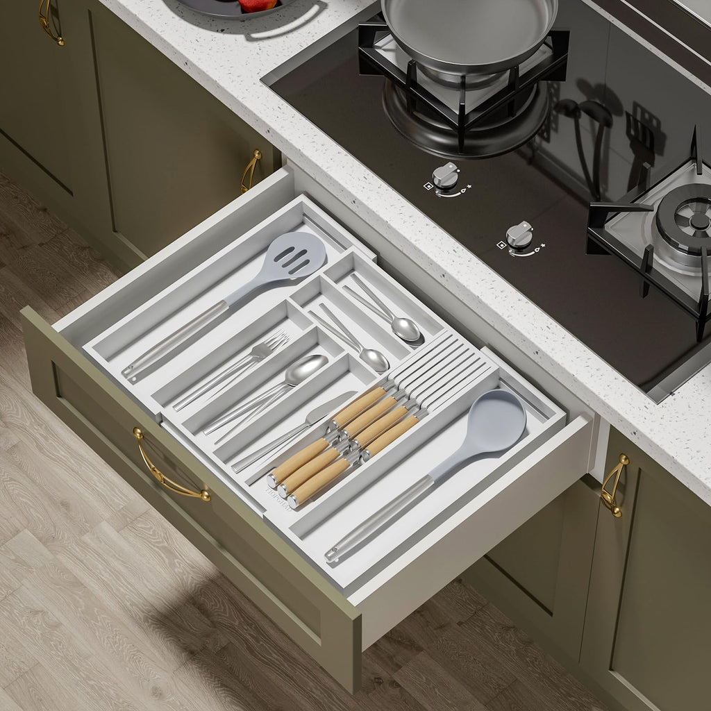 TIOPGHAD Expandable Bamboo Silverware Drawer Organizer Kitchen Tray, White