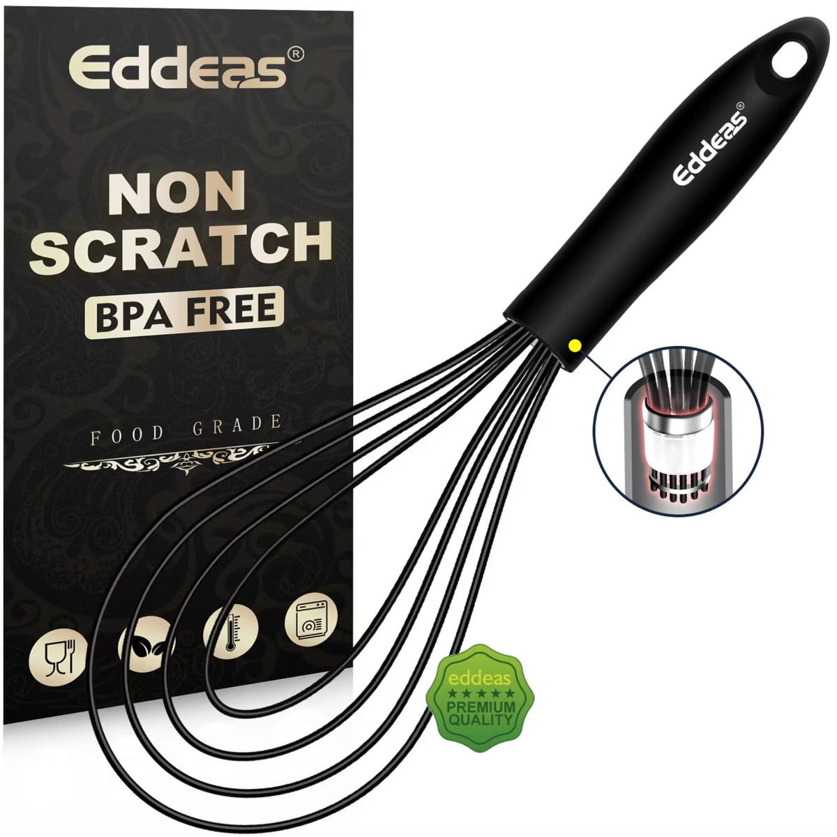 Eddeas Silicone Whisk, 500°F Heat Resistant Non Scratch Coated Whisks for Cooking Baking Balloon whisk, Kitchen Whisk Tool Set, for Stirring, Beating & Blending of 3 Size 7.5"+ 9" +11 inch