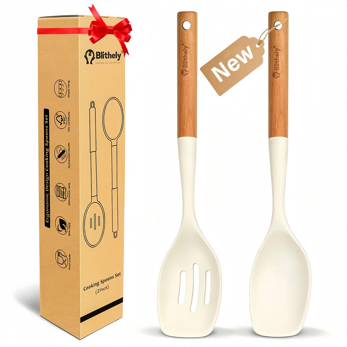 2Pcs Large Silicone Cooking Spoon Set, Nonstick Serving Spoons for Cooking, Solid and Slotted Spatula Spoons with Wooden Handle, Heat Resistan Silicone Utensil Set for Basting and Mixing(Black)