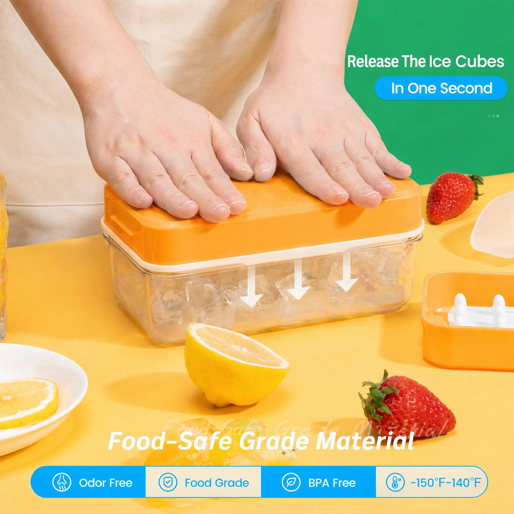 0.8“ Ice Cube Tray with Lid and Bin, PHINOX 56 Cubes Ice Trays for Freezer, Ice Cube Trays for Freezer with 2 trays, Container, Lid & Ice Scoop, BPA Free, Yellow(28Cubes/Tier)