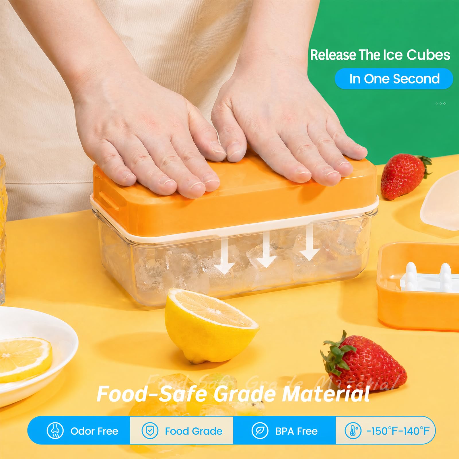 0.8“ Ice Cube Tray with Lid and Bin, PHINOX 56 Cubes Ice Trays for Freezer, Ice Cube Trays for Freezer with 2 trays, Container, Lid & Ice Scoop, BPA Free, Yellow(28Cubes/Tier)