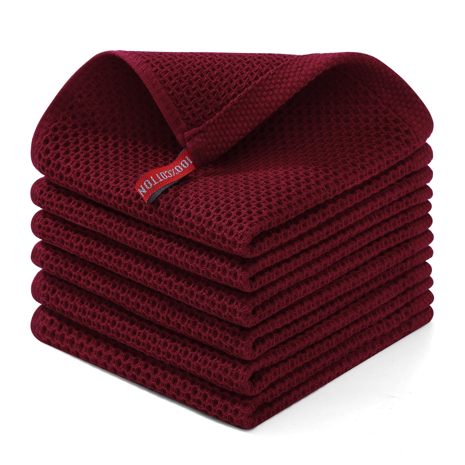 Homaxy 100% Cotton Waffle Weave Kitchen Dish Cloths, Ultra Soft Absorbent Quick Drying Dish Towels, 12 x 12 Inches, 6-Pack, Burgundy