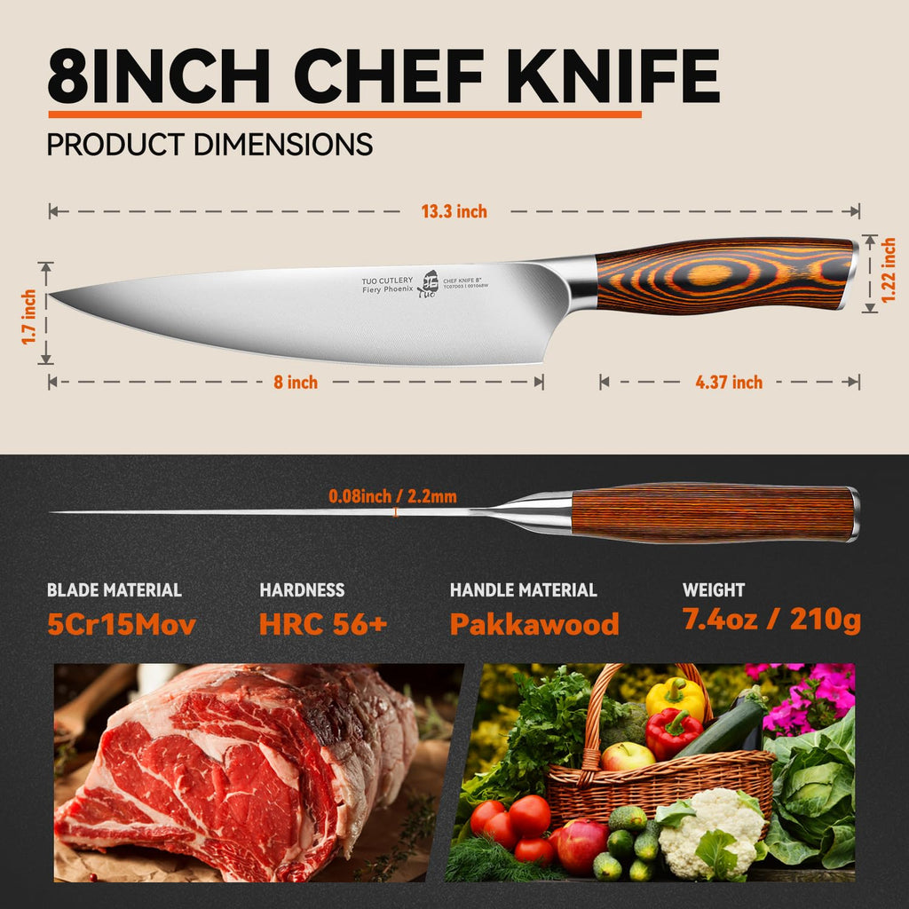 TUO Chef Knife, 8 inch Sharp Kitchen Knife with Pakkawood Handle, High Carbon Steel, Professional for Chopping & Dicing, Gift Box - Fiery Phoenix Series