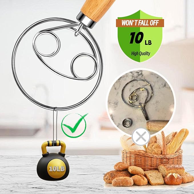 YIGEDA Danish Dough Whisk, Stainless Steel Wood Handle for Sourdough Bread
