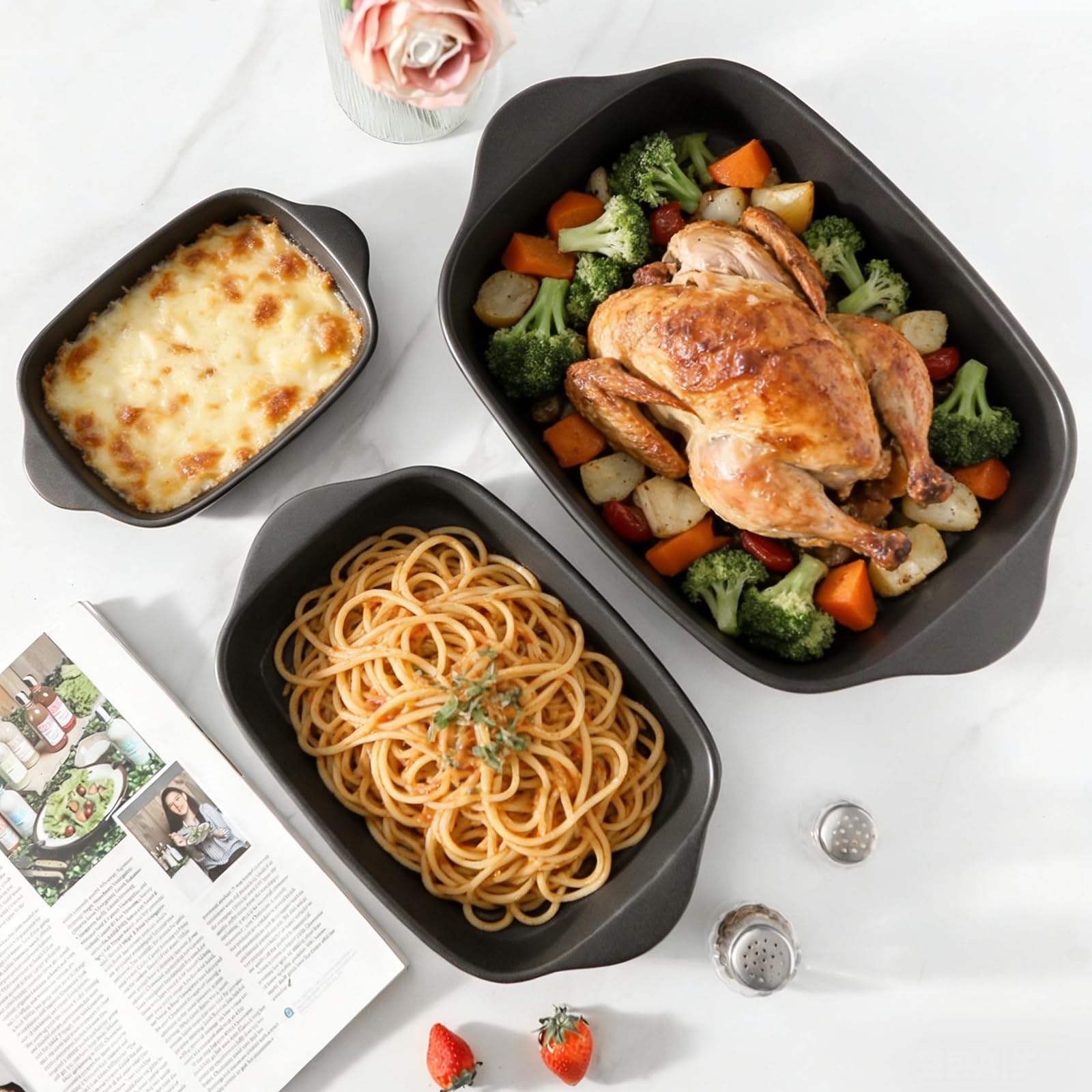 Tikooere Casserole Dish for Oven,Ceramic Baking Dishes， Stoneware Bakeware Set of 3，Deep Casserole Dishes for Baking，Casserole,Cake Dinner and Daily Use,0.63/1.8/4 QT，Matte Black