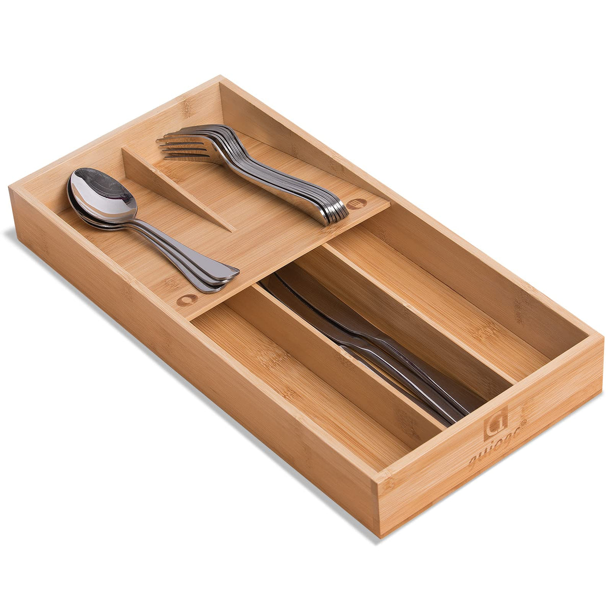 guiogc Bamboo silverware tray organizer, Utensil Holder and Cutlery Tray for Drawer, Kitchen Drawer Organizer Divider for Spoons Forks Knives