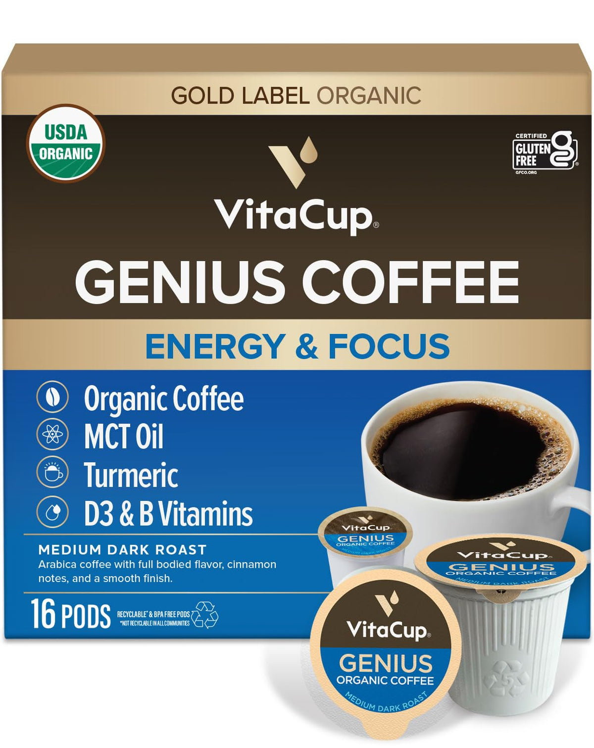 VitaCup Mushroom Coffee Pods, with Lions Mane for Memory & Clarity, 16ct