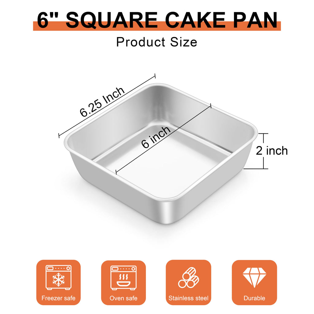 LIANYU 6 Inch Square Baking Cake Pan, Stainless Steel Lasagna Brownie Bread Pan, Perfect for Birthday Party Wedding, Oven & Dishwasher Safe