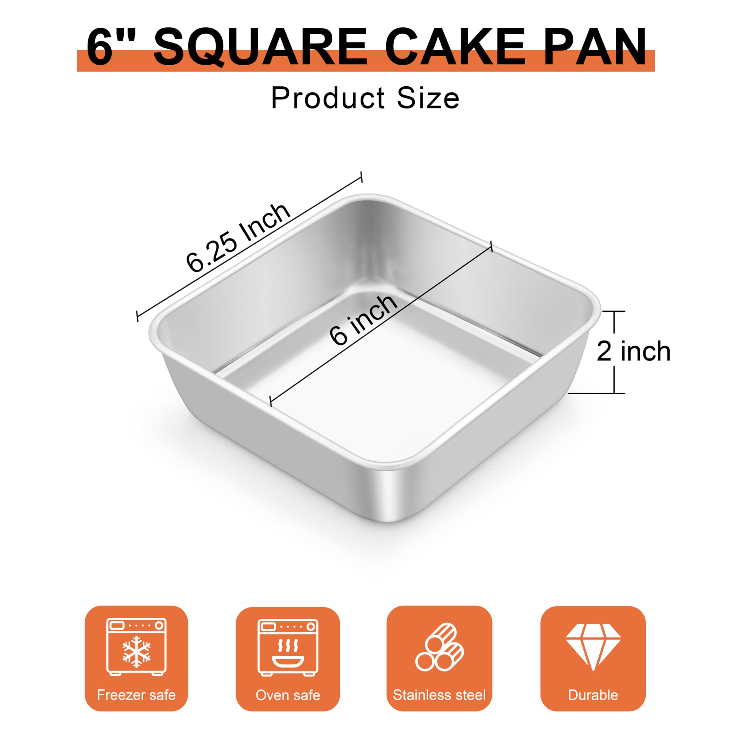 LIANYU 6 Inch Square Baking Cake Pan, Stainless Steel Lasagna Brownie Bread Pan, Perfect for Birthday Party Wedding, Oven & Dishwasher Safe