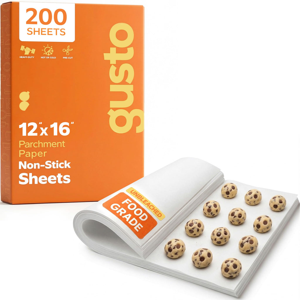 GUSTO [12 x 16 Inch - 200 Count] Pre-Cut Parchment Paper Baking Sheets, Non-Stick, Unbleached, Parchment Paper Sheets for Baking & Cooking - White (Formerly Comfy Package)