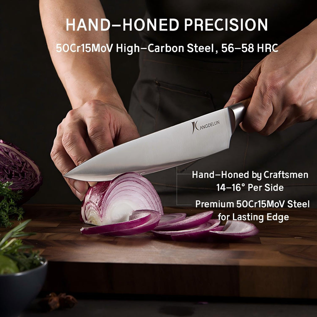 Kangdelun Ultra Sharp 15-Piece Kitchen Knife Set, High Carbon Stainless Steel Blades, Torrefied Natural Wood Handles, Ergonomic Design, Space-Saving Black-Finished Wood Block, Easy Hand Wash, Gift Box