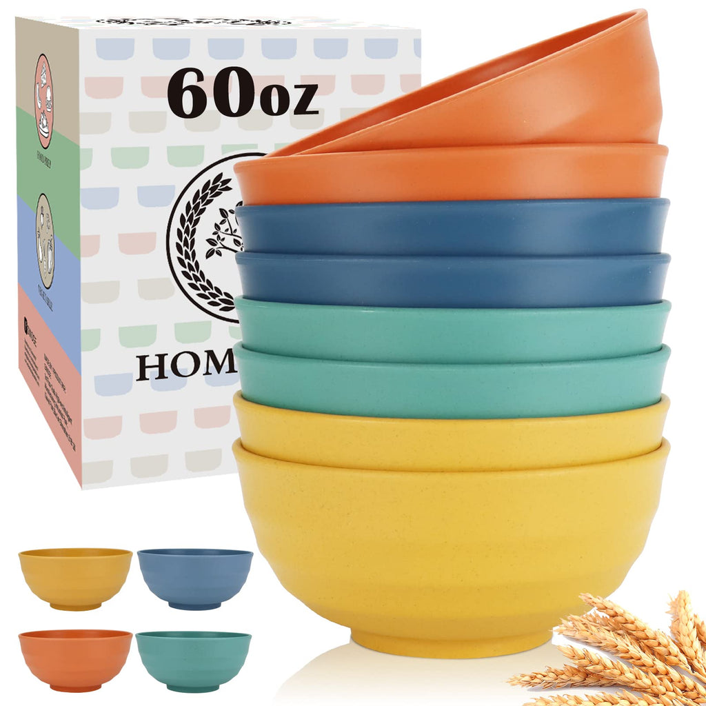 Homienly Soup Bowls, Cereal Bowl, Premium Wheat Straw Bowls Set of 8, Unbreakable Plastic Bowls Microwave Safe, Dishwasher Safe Serving Bowl for Kitchen, Breakfast, Dinner, Salad, Poke (Blue, 26 OZ)