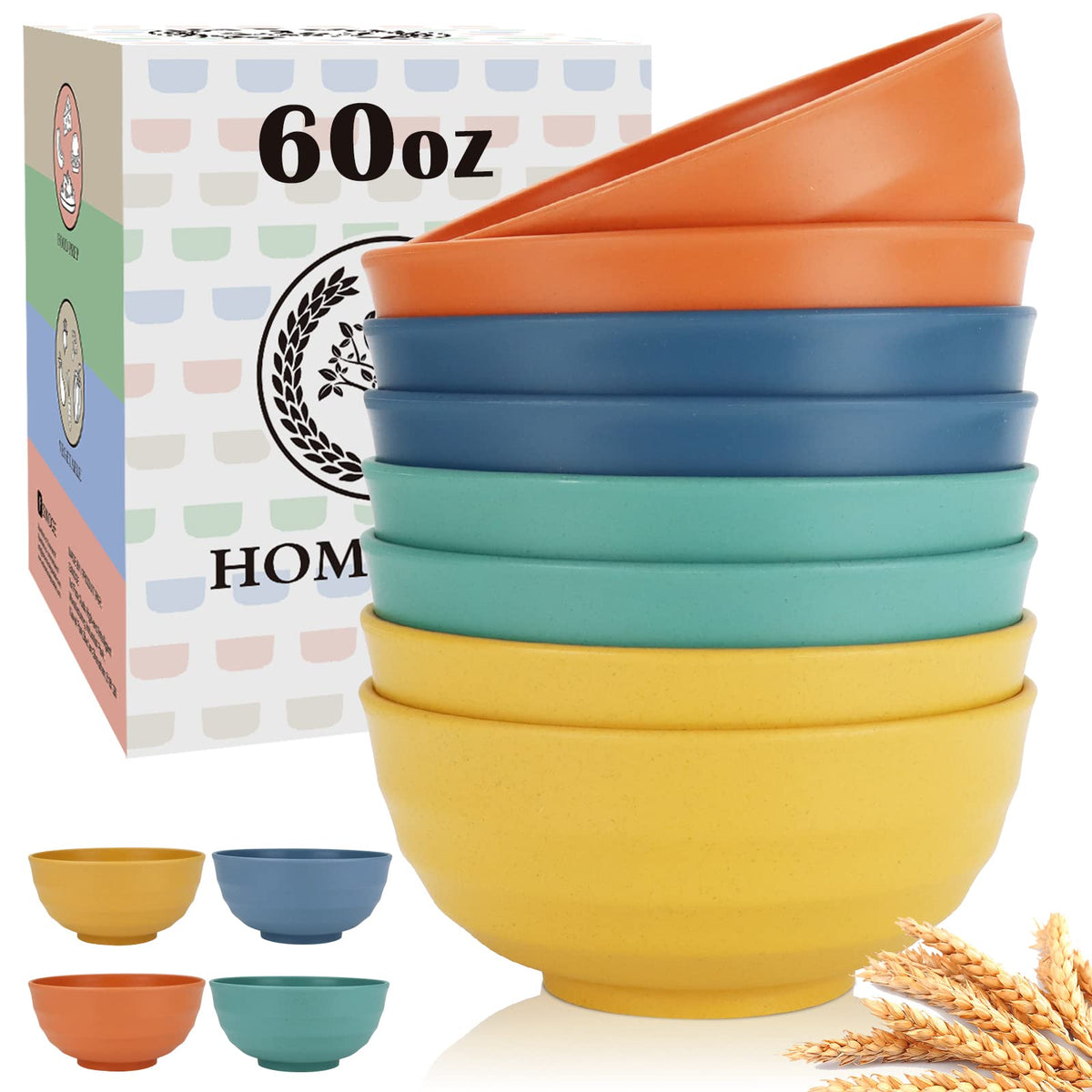 Homienly Soup Bowls, Cereal Bowl, Premium Wheat Straw Bowls Set of 8, Unbreakable Plastic Bowls Microwave Safe, Dishwasher Safe Serving Bowl for Kitchen, Breakfast, Dinner, Salad, Poke (Blue, 26 OZ)