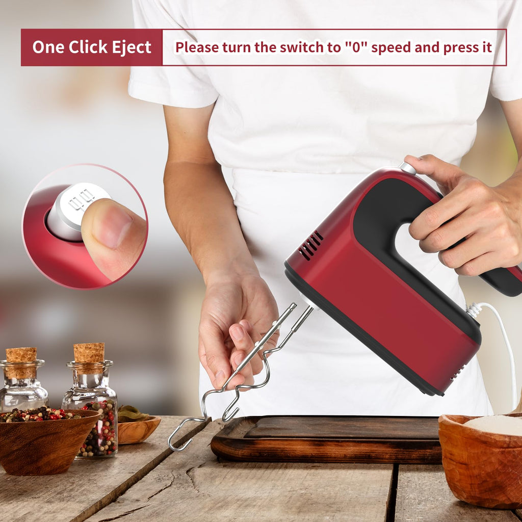 Yomelo 9-Speed Digital Hand Mixer Electric, 400W Powerful DC Motor, Hand Mixer Electric Handheld with Snap-On Storage Case, 5 Stainless Steel Accessories, Beaters, Dough Hooks, Whisk(Red)