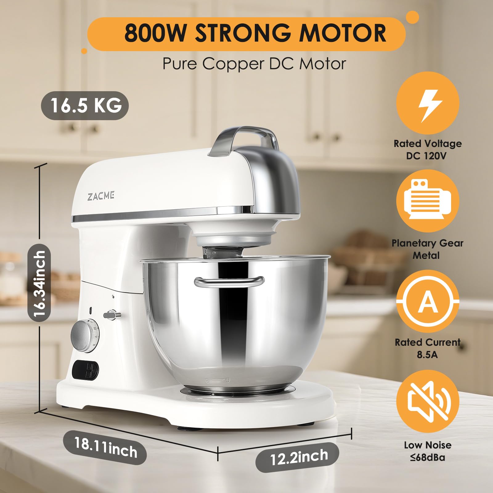 ZACME 8.4QT Commercial Stand Mixer 800W with Aluminum Die Casting Meets the Standard of NSF/ANSI 8-2023, Mixers Kitchen Electric Stand Mixer with Stainless Steel 8L Bowl, Dough Hook, Whisk and Beater