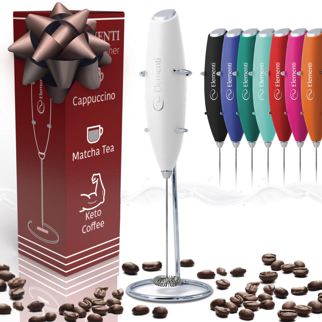 Elementi Portable Milk Frother & Stand – Compact Mixer for Powdered Drinks and Coffee, Electric Whisk Hand Blender, Specialty Kitchen Appliance (Pumpkin Orange)