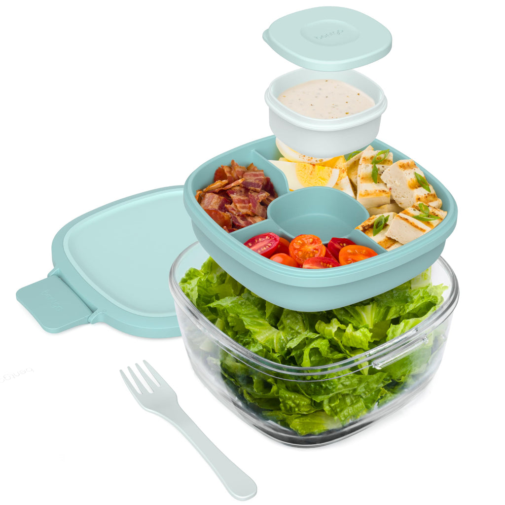Bentgo Glass Salad Container with Airtight Lid & Leak-Proof Sauce Cup