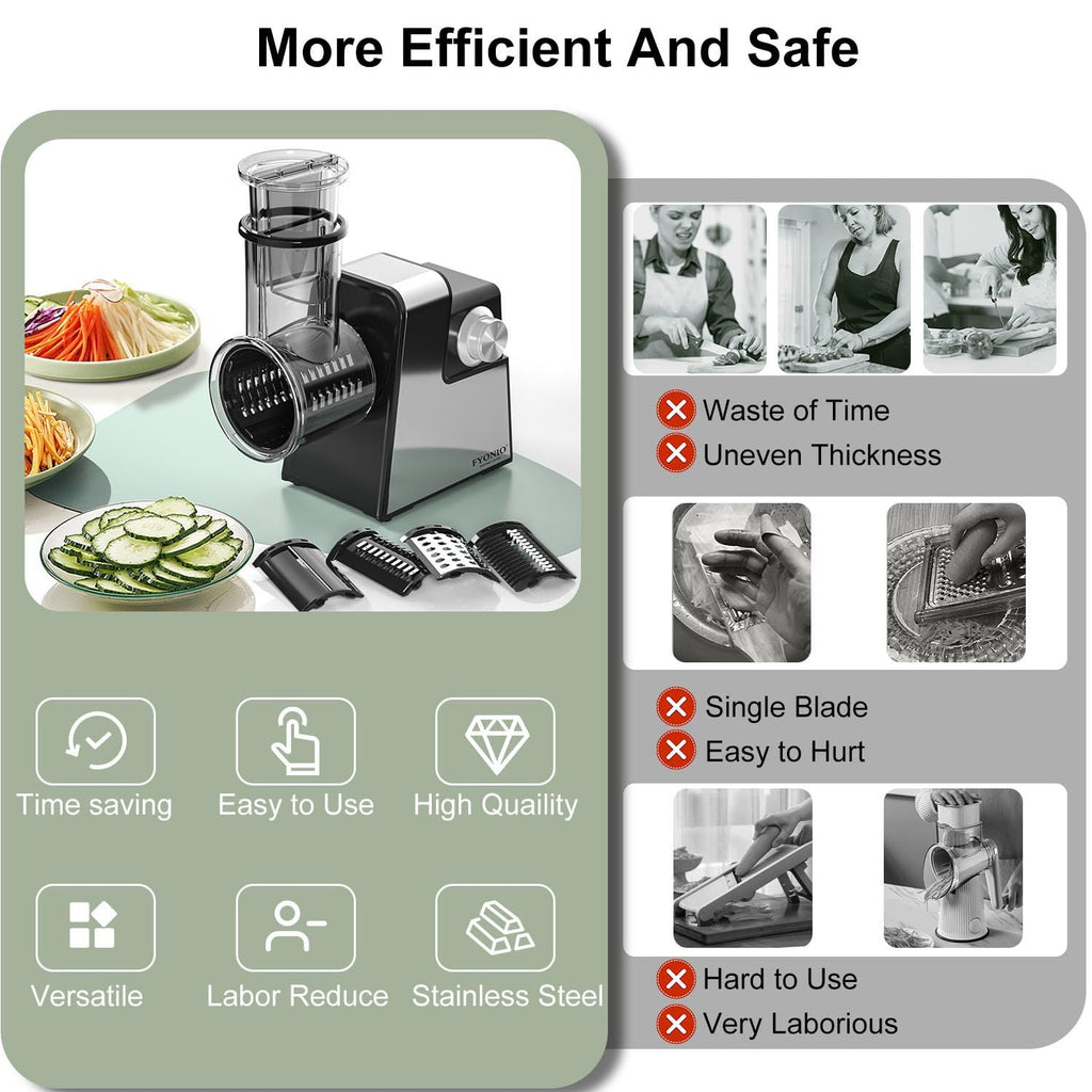 FYONIO Electric Cheese Grater, 5 in 1 Salad Maker with Stainless Steel Blades, 250W Electric Food Slicer & Shredder, Electric Salad Machine for Cheeses, Fruits, Potatoes, Carrots