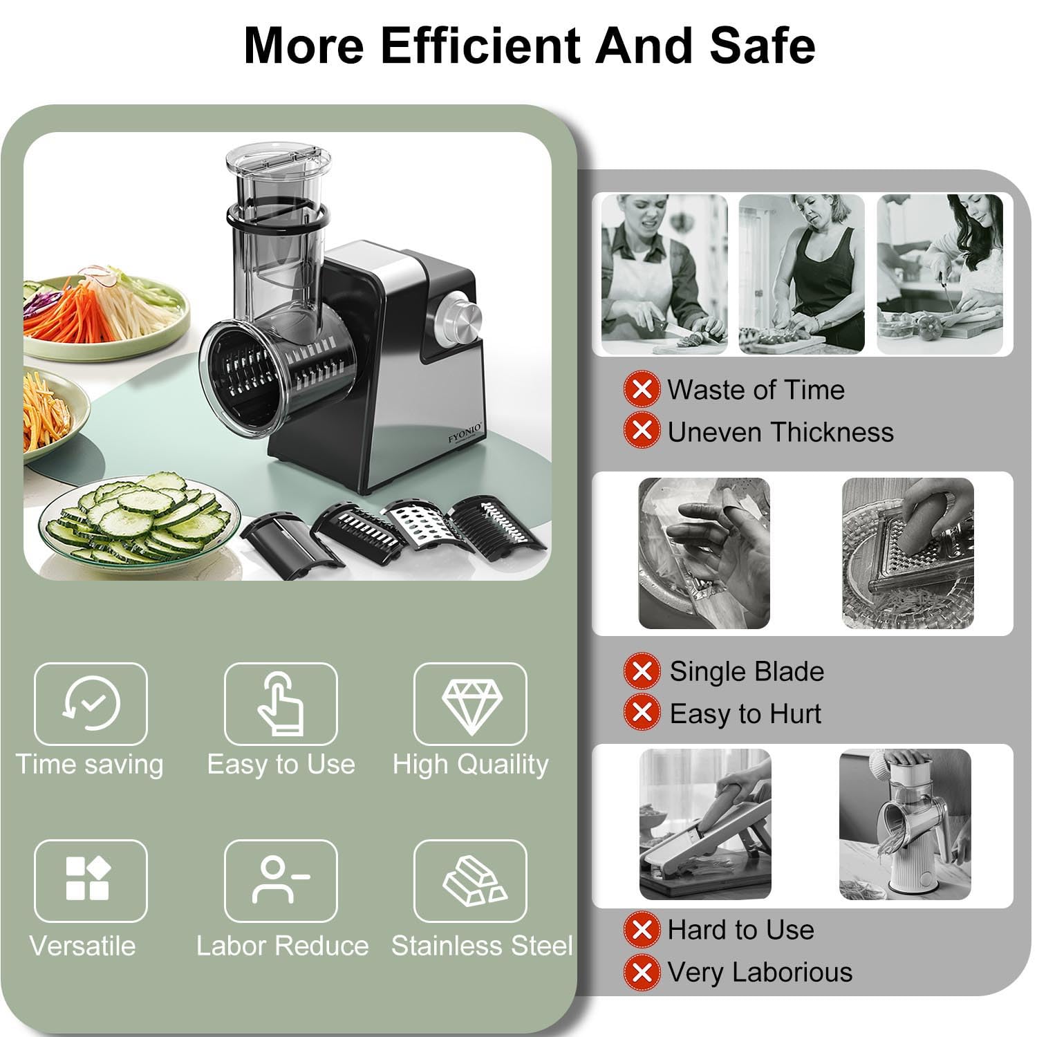 FYONIO Electric Cheese Grater, 5 in 1 Salad Maker with Stainless Steel Blades, 250W Electric Food Slicer & Shredder, Electric Salad Machine for Cheeses, Fruits, Potatoes, Carrots