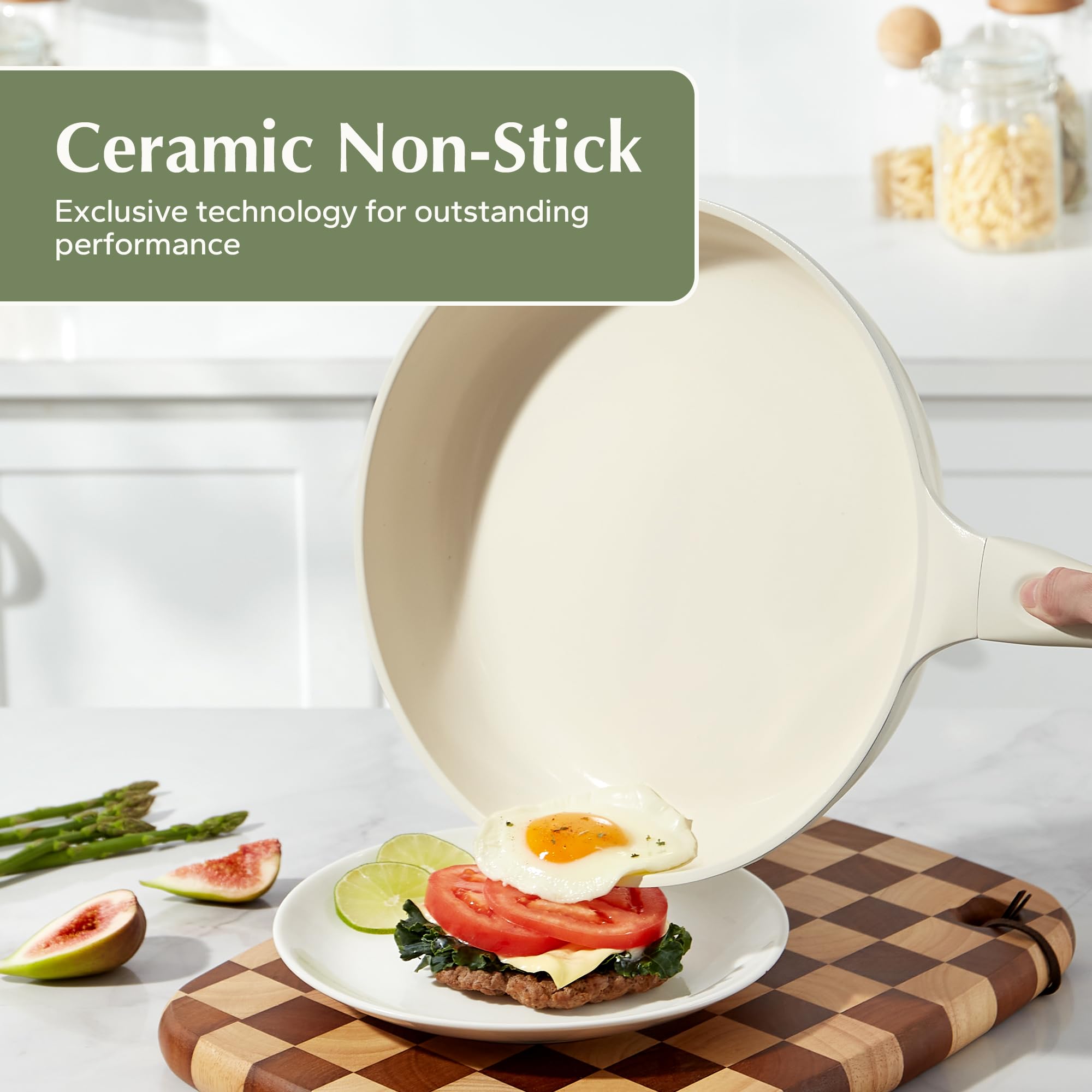 Redchef Ceramic Pan Nonstick, Nonstick Frying Pan, Large Fry Pans, PFAS & PFOA-Free, Non-Toxic, Induction Compatible Pans, Ergonomic Handles, Suitable for All Stove, Beige White, 11"