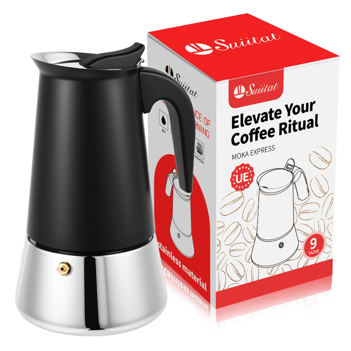 Suiitat 4 Cup Stainless Steel Moka Pot, 200ml Stovetop Espresso Maker, Red
