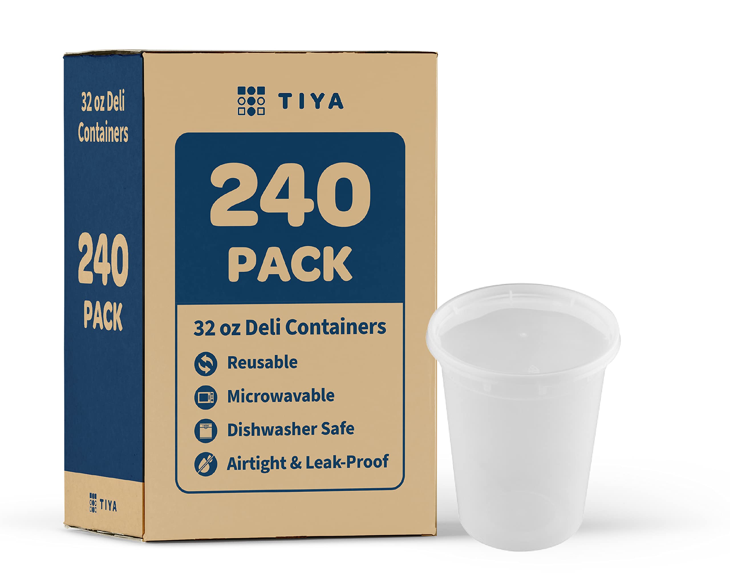 TIYA Food Containers - 32oz Bulk 240 Pack with Lids - Plastic Food Storage to-Go Containers - Reusable Microwavable Dishwasher Safe Cups - Airtight Leak Proof for Soups & Meal Prep