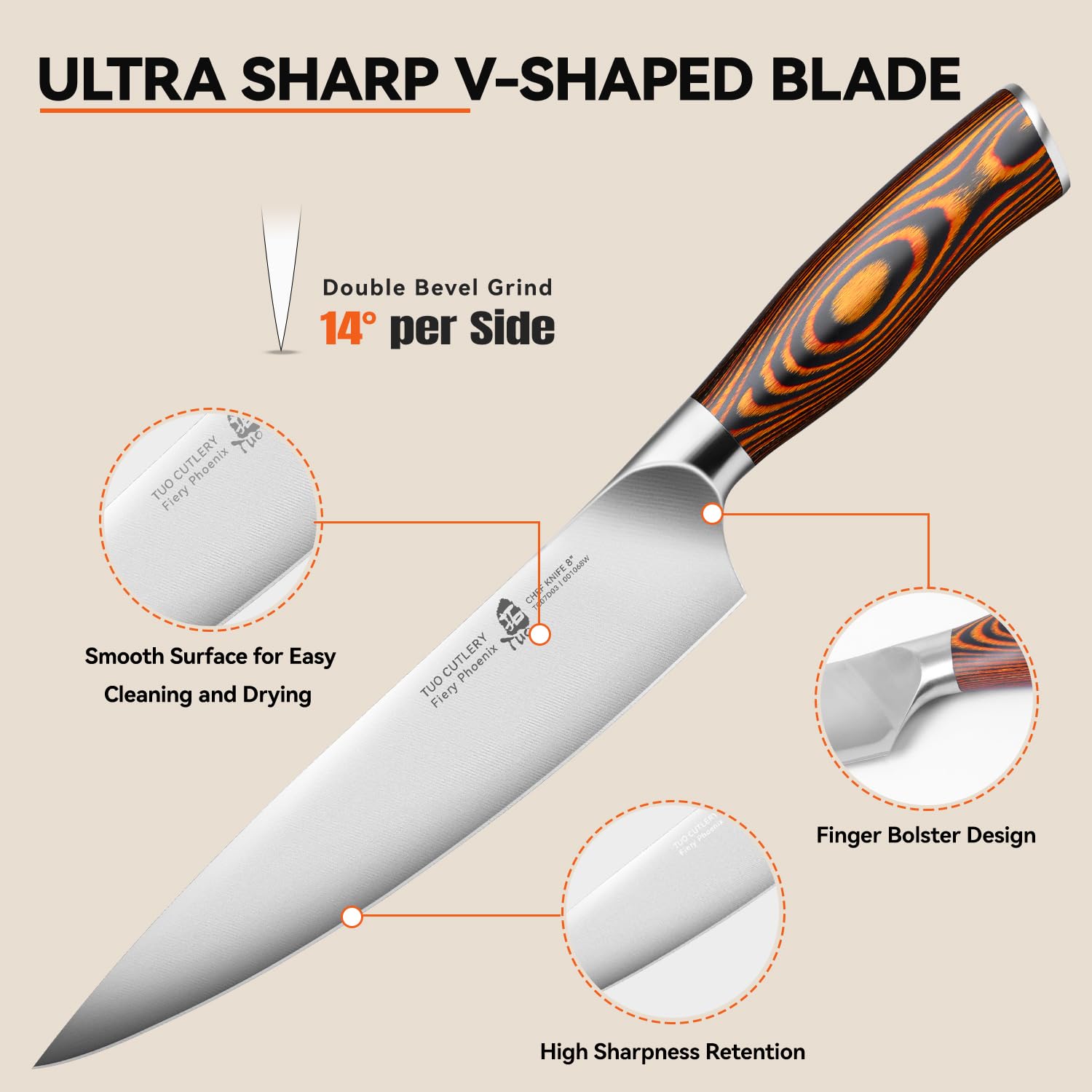 TUO Chef Knife, 8 inch Sharp Kitchen Knife with Pakkawood Handle, High Carbon Steel, Professional for Chopping & Dicing, Gift Box - Fiery Phoenix Series