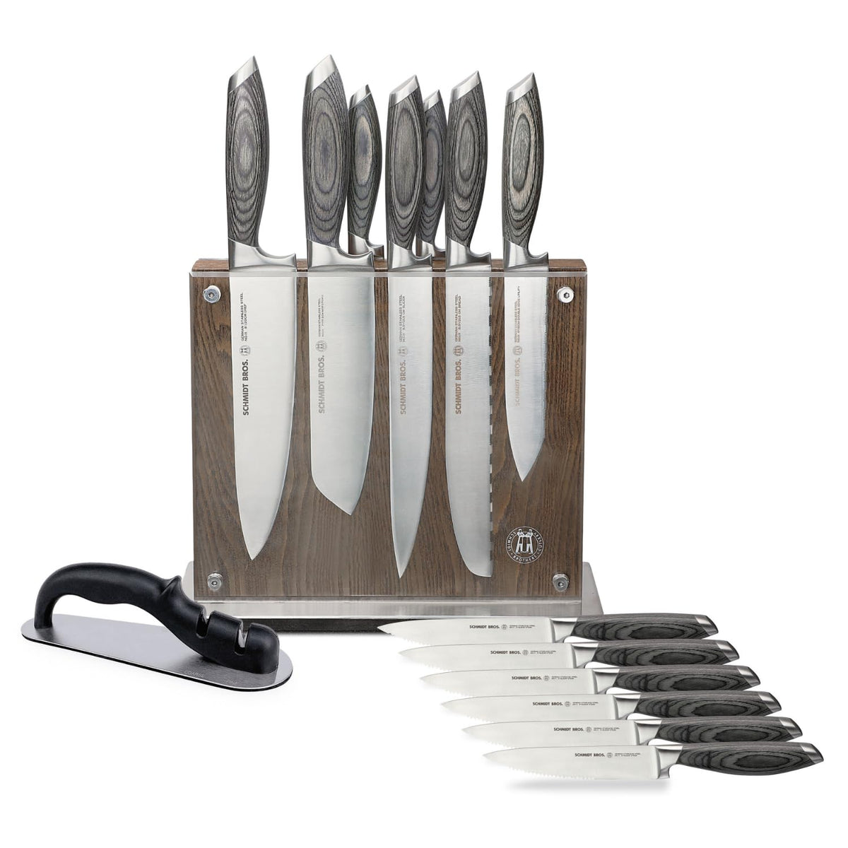 Schmidt Brothers - Bonded Ash 7-Piece Kitchen Knife Set, High-Carbon German Stainless Steel Cutlery, Ash Finish Wood Handles and Clear Acrylic Magnetic Knife Block