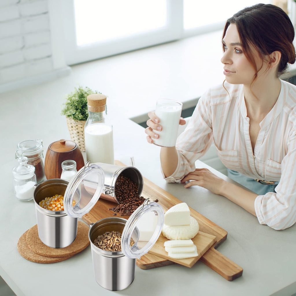 Lallisa 3 Pcs Stainless Steel Kitchen Canister 62 fl oz with Airtight Clear Clamp Lid, Metal Food Storage Container Set for Coffee Bean Ground Coffee Flour Sugar Spice Tea Cereal Snack Candy Pantry