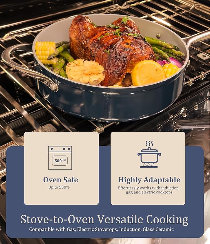 Nonstick Ceramic Sauté Pan with Lid (4.5 qt, 11") Deep Frying Pan for All Cooktops Non Toxic Skillet PTFE/PFAS Free Dishwasher & Oven Safe up to 500°F w/Stainless Steel Handle, Fusion Red