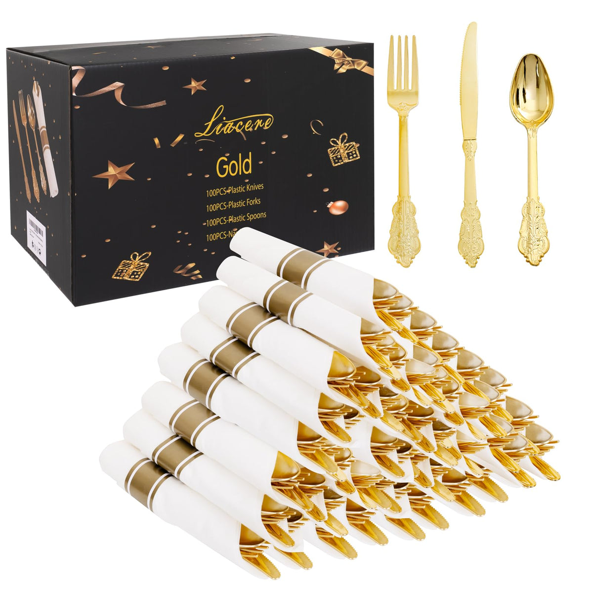 Liacere 400PCS Silver Plastic Silverware - Pre Rolled Napkins Disposable Silver Cutlery-Premium Quality Gold Plastic Utensils - Includes 100Forks,100Knives,100Spoons,100Napkins For Wedding & Party
