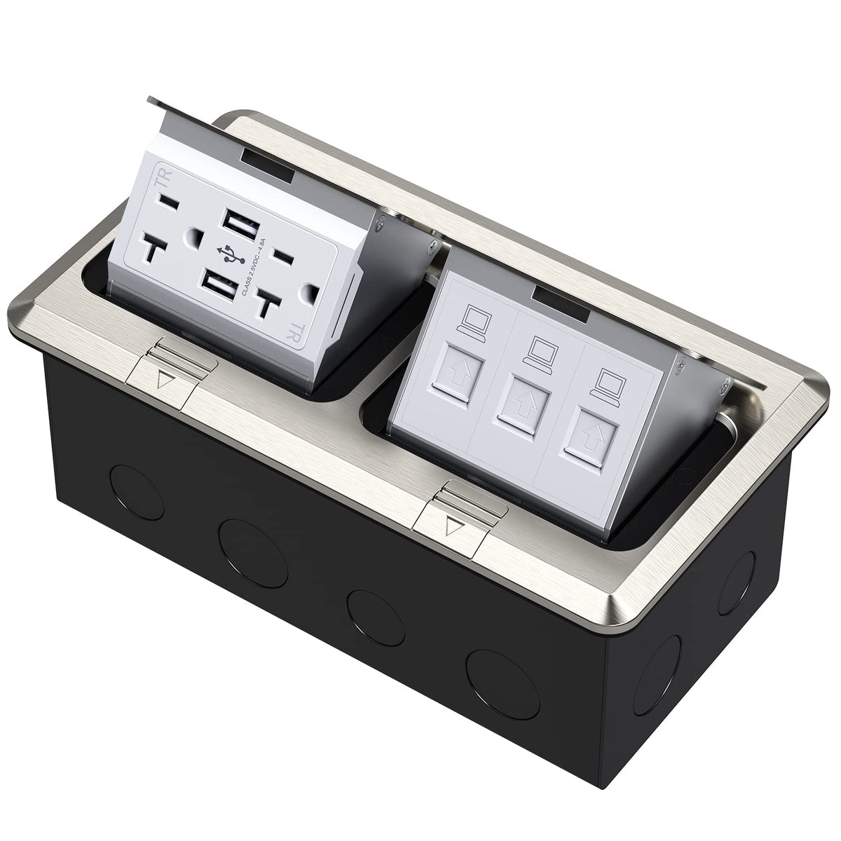 KYHSHJ Dual Pop-Up Floor Electrical Outlet Box Kit，20 Amp Stainless Steel GFCI TR Receptacle Outlet，3-Port RJ45 Datacom Receptacle， Black