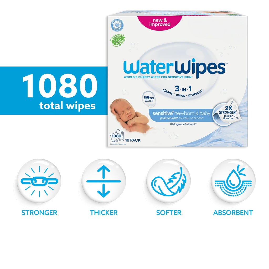 WaterWipes Sensitive+ Newborn & Baby Wipes, 3-In-1 Cleans, Cares, Protects, 99.9% Water, Unscented & Hypoallergenic, 1080 Count (18 Packs)