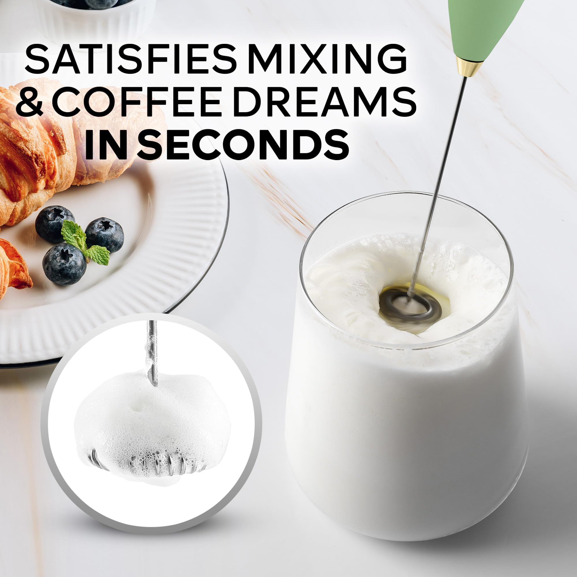 Zulay Kitchen Powerful Milk Frother Wand With Duracell Batteries - Ultra Fast Handheld Drink Mixer - Electric Whisk Foam Maker for Coffee, Lattes, Cappuccino & Matcha - Z1 Motor - Forest Gold