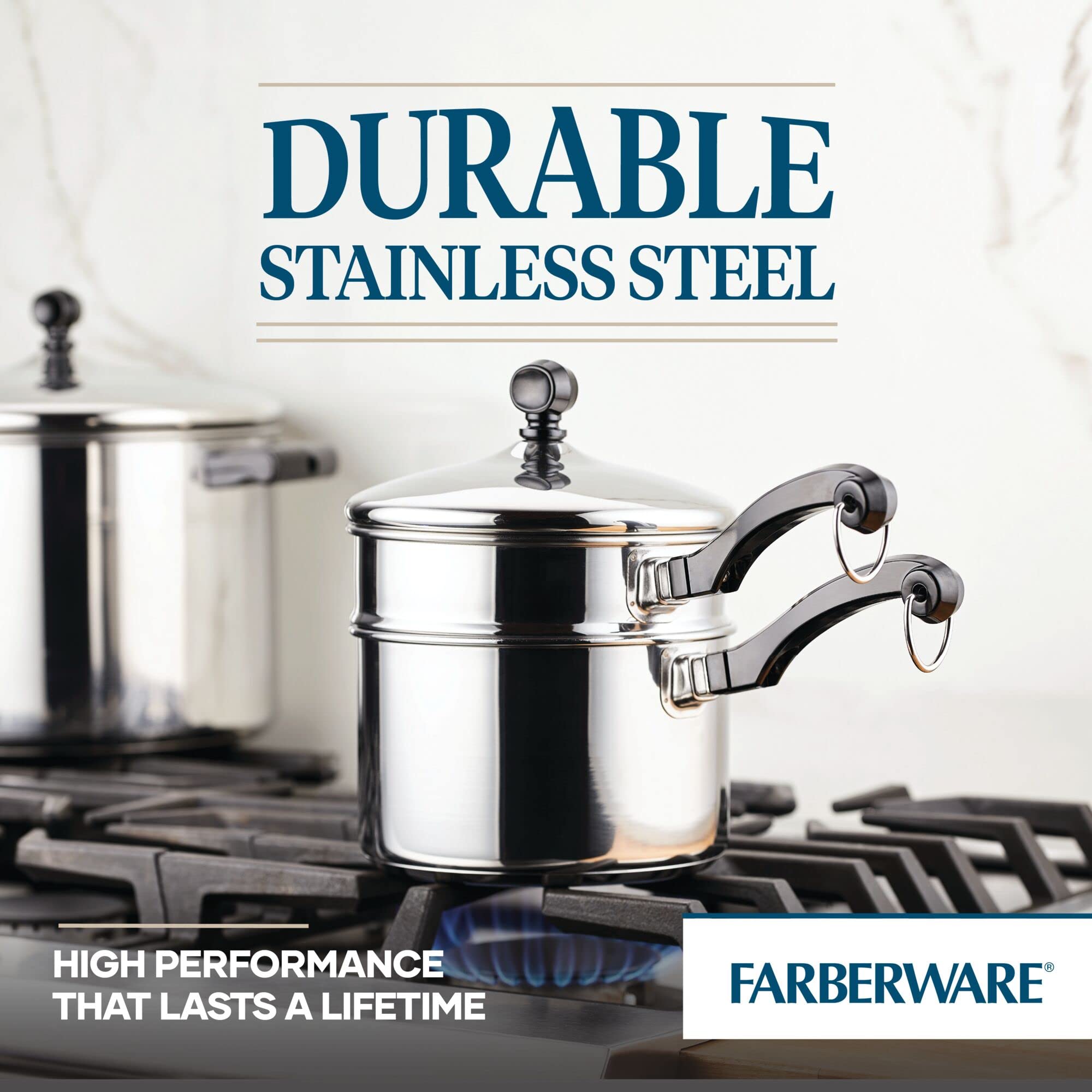 Farberware Classic Series Stainless Steel Double Boiler and Saucepan with Lid, Double Boilers For Stove Top, 2-Quart