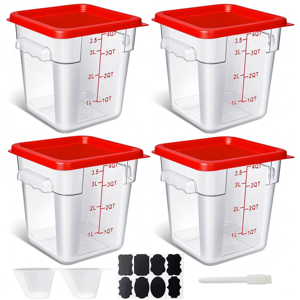 4 Pack 4QT Food Storage Containers with Green Lids - Square, Clear