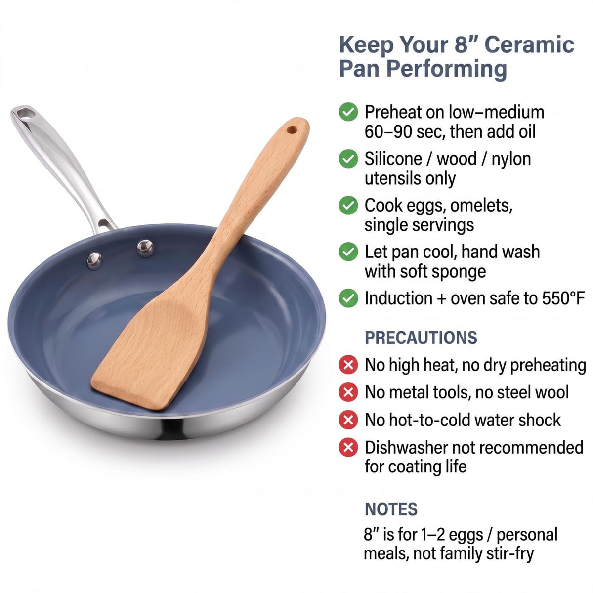 Ephaclad 8 Inch Ceramic Frying Pan Skillet, Stainless Steel Nonstick Egg Pan, PTFE PFAS PFOA Free, Induction Compatible, Oven Safe, Hand Wash Recommended for Longer Coating Life