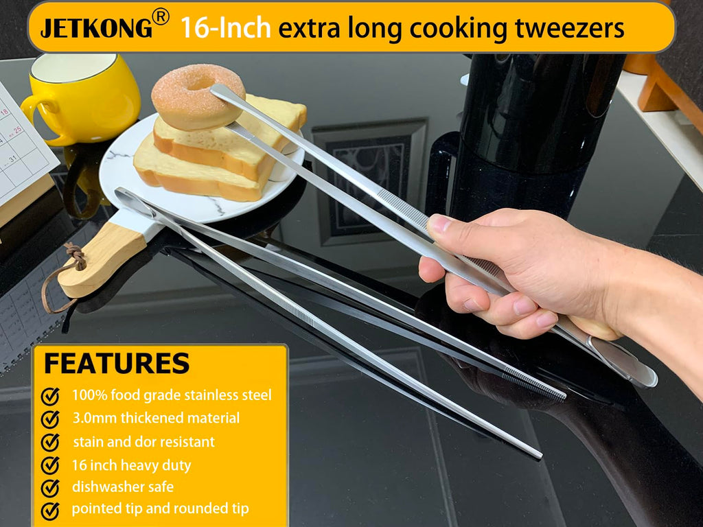 JETKONG 16-Inch Kitchen Tweezers Fine Tweezer Tongs Extra-Long Stainless Steel Cooking Tweezers (Point-Tips)