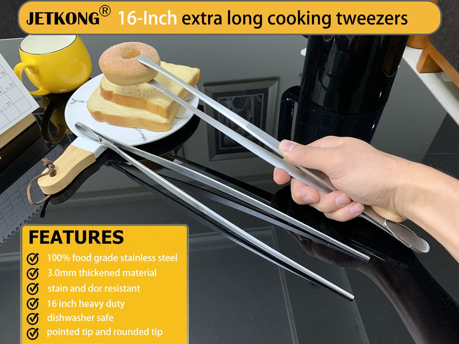 JETKONG 16-Inch Kitchen Tweezers Fine Tweezer Tongs Extra-Long Stainless Steel Cooking Tweezers (Point-Tips)